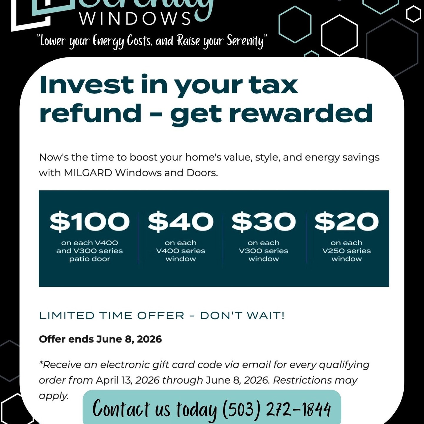 Secure your project and qualify for a rebate! Sign by June 3 to lock in current pricing and ensure processing before the promotion ends and material prices rise.

Call today for a FREE estimate!

#OregonCity
#OregonCityOregon
#PortlandOregon
#PNWBusiness
#OregonContractor
#ClackamasCounty
#SupportLocalOregon
#WindowInstallation
#WindowReplacement
#EnergyEfficientWindows
#HomeImprovement
#HomeUpgrade
#ExteriorRemodel
#NewWindows
#LicensedContractor
#FamilyOwnedBusiness
#LocalExperts
#BuiltToLast